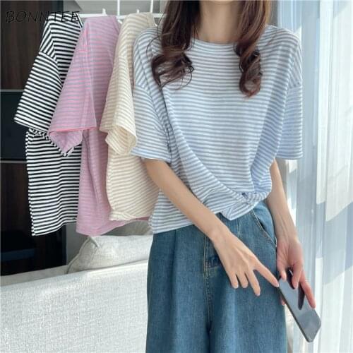 Short Sleeve T-shirts Women Chic Striped Summer Basic Simple Preppy O-neck Teens Crop Tops Tee All-match Trendy Girls Outerwear