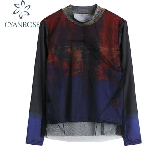Streetwear Long Sleeve Mesh T Shirt Tops Women Stand Collar Loose Casual Y2K Tide Tees Female 2021 Summer Fashion Grunge Tops