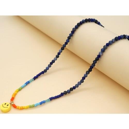 Go2Boho 2021 Smiley Face Pendant Necklaces Natural Stone Beaded Choker Blue Vein Stone Necklace For Women Fashion Jewelry