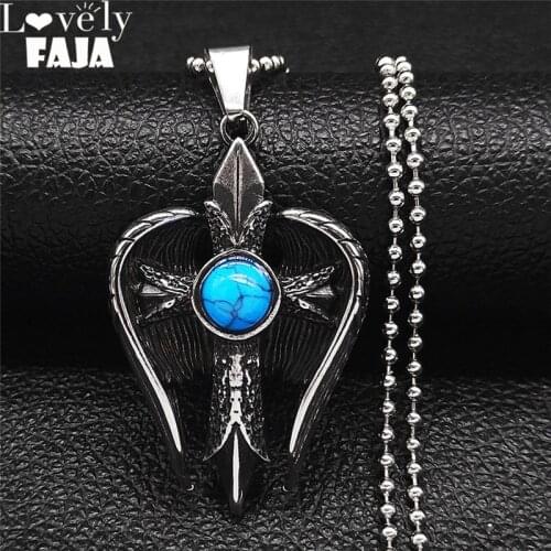 Stainless Steel Blue Stone Cross Wings Necklace Chain Women/Men Silver Color Necklaces Jewelry chaine acier inoxydable NZZ241S03