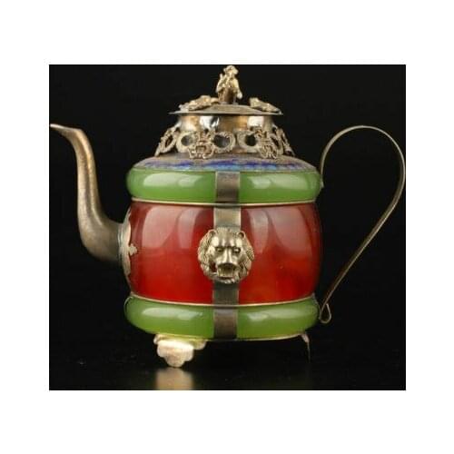 Chinese Handwork Old Green & Red Jade Bracelet Inlay Tibet-Silver Dragon Teapot
