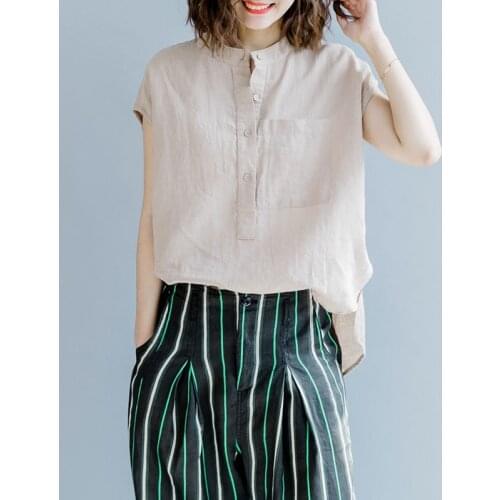 Brief Simple Solid Color Women Tops Blouses Cotton Linen Clothing Loose Side Split Irregular Big Size Khaki Shirts Women Summer