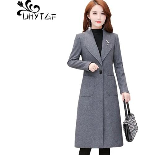 UHYTGF High-End Double-Sided Woolen Autumn Winter Jacket Women Mid-Length Slim Plus Size Coat Lapel Elegant Female Outerwear1450