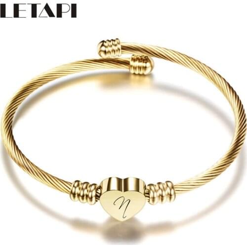 LETAPI 2021 New Fashion Gold Color Stainless Steel Alphabet Heart Cuff Bangles for Women Punk Vintage Letter Jewelry Wholesale