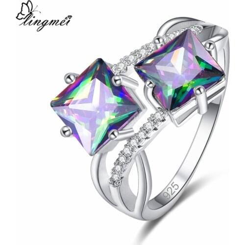 Lingmei Hot New Fashion Square Multi & Blue White CZ Silver Color Ring Size 6-9 Popular Women Wedding Jewelry Party Christmas