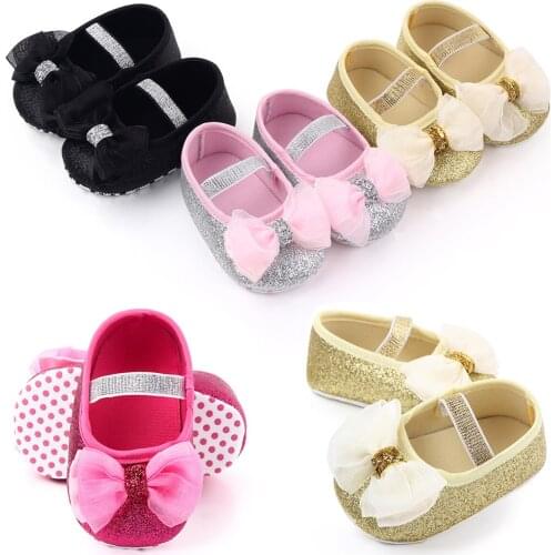 Baby Girls Anti-Slip First Walkers Sequins Doll Shoes Mary Jane Flats Glitter Lace Bowknot Lovely Princess Shoes Infant Footwear