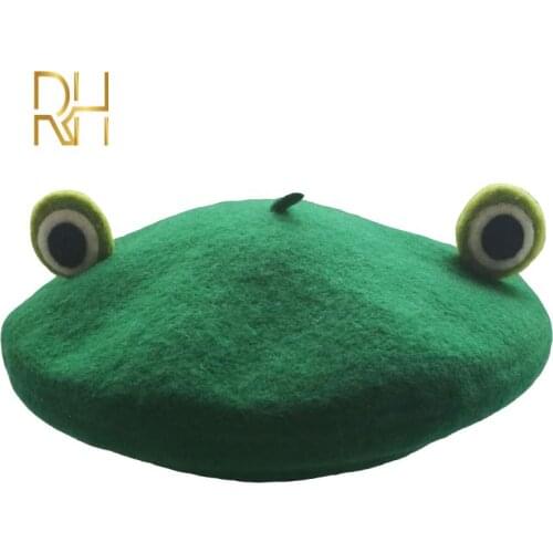 RH 2021 New Cute Frog Big Eye Wool Beret Girls Women Painter Hat Fresh Novelty Gift Green Handmade French Berets