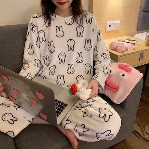 New Women Rabbit Pajama Sets Autumn Winter Pajamas Flannel Cartoon Thick Warm Women Sleepwear Cute Animal Female Homewear Piece