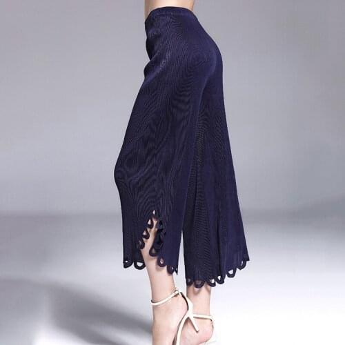 Pleated Straight Wide Leg Pants Irregular Hem Burnt-Out Womens Casual Pants