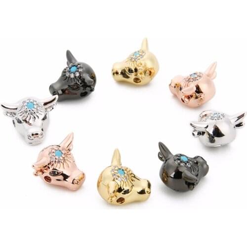 2pcs/lot 13.5x15mm Rose Gold Color Bull Head Charms Pendants for Bracelets Necklaces Copper pave CZ Craft DIY Jewelry Making