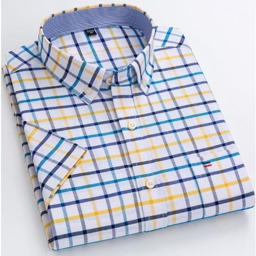 7XL 100% Cotton Oxford Striped Shirt Plaid Shirt New Casual Mens Button Up Shirt Short Sleeve Mens Clothing Slim Fit Shirt Men