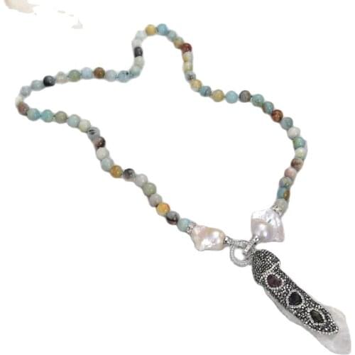 JK Multi Color Amazonite White Keshi pearl Necklace Quartz Druzy Pendant 25"