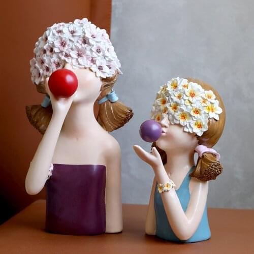 Nordic Flower Head Blowing Bubbles Girl Resin Ornaments Home Livingroom Figurines Crafts Cafe Office Desktop Statues Decoration