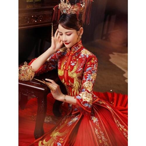 Gold Embroidery Oriental High-end Wedding Long Cheongsam Dress Refined Banquet Stylish Elegant Bride китайская одежда