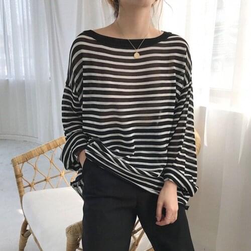 Loose Striped Sunscreen Shirt Top Student Pullover Blouse Lazy Wind Ice Silk Sweater Women Summer Woman Long Sleeve Tshirts