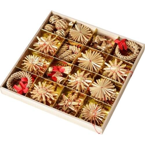 56PCS Christmas Tree Hanging Ornament Natural Wheat Straw Handmade Mini Five-Pointed Star Snowman Wreath Decor For Christmas