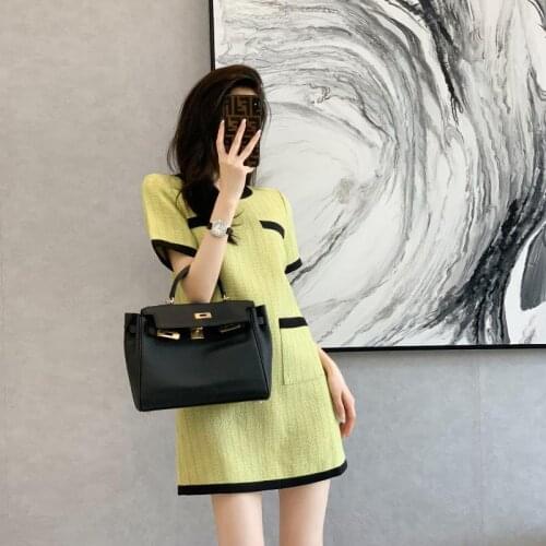 KoukiMa 2021 Knitted Dress Mini Short Sleeve Dresses French Vintage O-Neck Elegant Dress Vestidos Mujer Plus Size Pocket Button