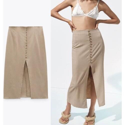 Za 2021 Women Fitted High Waist Skirt Vintage Front Slit Button Summer Midi Skirt Female Elegant Office Lady Skirts