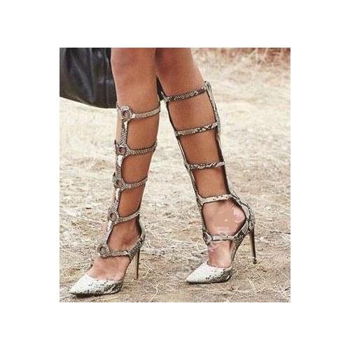 Cheap Big Size Summer 2019 New Woman Python Snake Skin Cuts Out Pointed Toe Zipper Back Circles Metal Front Knee Sandals Boots