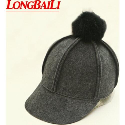 Winter Women Wool Felt Baseball Caps With Real Rabbit Fur Ball Knight Caps Female Free Shipping PWSX002