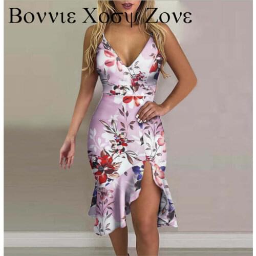 Women Summer Spaghetti Strap Deep V Neck Ruffles Trim High Slit Floral Print Dress