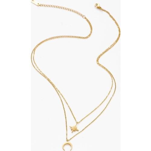 Fever&Free Gold Layered Necklace For Women Multilayer Chain Star Moon Round Circle Pendant Necklaces Stainless Steel Jewelry