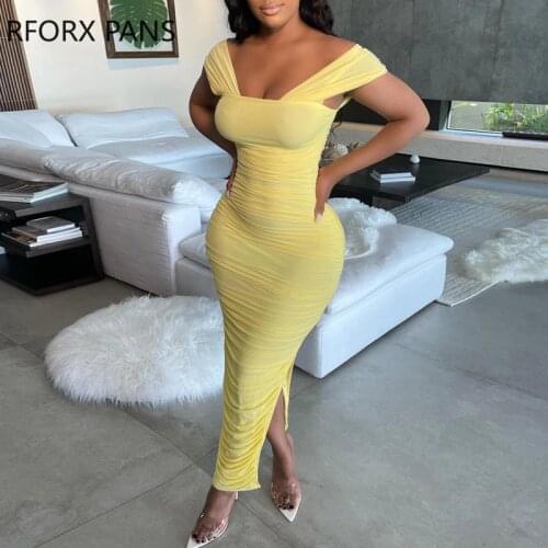 Women High Slit Ruched Square Neck Skinny Maxi Dress Bodycon Dress for Women Dress 2021