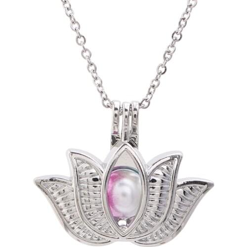 1pc Large Lotus Flower Pearl Cage Lockets Necklace with 20'' Stainless Steel Chain for Oyster Pearls Essential Oil Diffuser