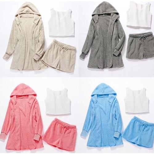 3XL Sexy Fluffy Plush Outfit Sets 3 Piece Women Hooded Cardigan Coat Crop Top Shorts Tracksuit Casual Sweatshirts Sleepwear Suit