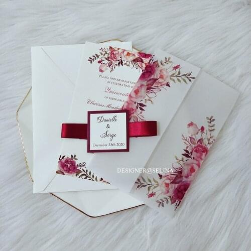50 Pieces/Lot) Flower Printed Wedding Invitation Wrap With Tag and Ribbon Envelope DIY Vellum Sweet Fifteen Greeting Cards