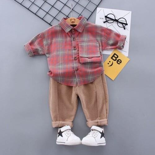 Kids Shirt Clothes Suit Spring Blouses Clothing Infant Boy Plaid Cotton Tops + Pants 2Pcs Suit 2-6Years Kids Long Sleeves jacket