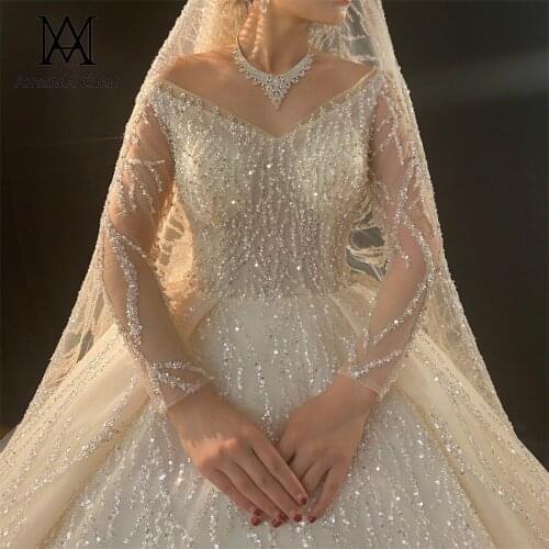 Robe longue femme Long Sleeve Luxury Champagne Lace Wedding Dress