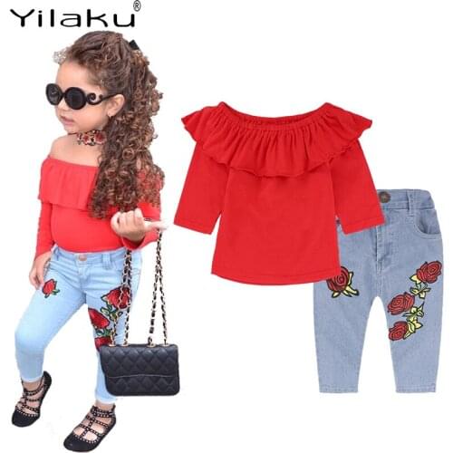 Yilaku Baby Girl Clothes Fall Girls Clothes Sets 2 Pcs Tops + Jeans Off Shoulder Kid Clothes Suit Children’s Clothing Sets YY059