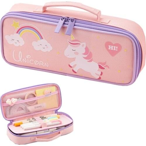 Cute Pink Large Capacity Double Layer Pencilcase Kawaii Zipper Waterproof Pencil Cases For Girls School Stationery