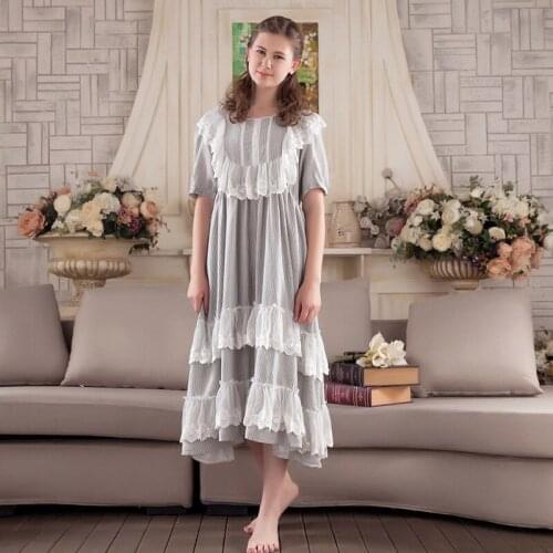 Nightdress Female Half Sleeve Lace Palace Princess Long Sleeping Dress Round Neck Sweet Women Sleepwear Retro Grey