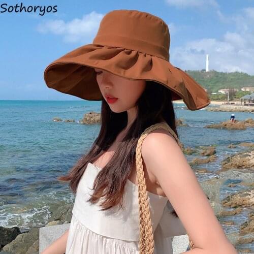 Summer Bucket Hats Women Fashion Big Brim Sunscreen Solid Minimalist Stylish All-match Holiday Beach Fishing Caps Ins Outdoor
