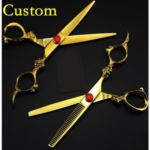 Custom Top-grade Germany 440c 6'' golden dragon hair scissors cutting barber makas scissor thinning shears hairdressing scissors