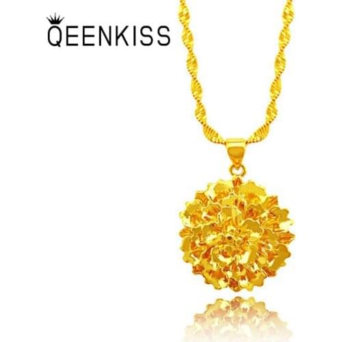 QEENKISS PT525 2021 Fine Jewelry Wholesale Fashion Hot Woman Girl Birthday Wedding Gift Flower 24KT Gold Pendant Charm NO CHAIN
