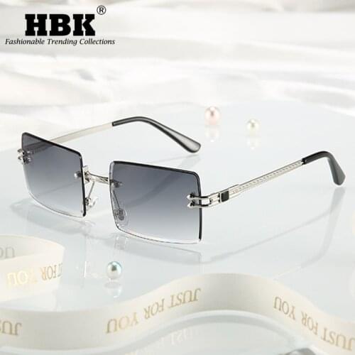 HBK New Fashion Square Rimless Sunglasses Women Men Rectangle Gray Shades Sun Glasses Luxury Brand Design Metal UV400 Eyewear