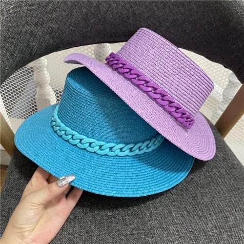 2021 Chain Flat Straw Sun Hat Womens Summer Korean Casual Sunshade Color Straw Hat British Top Hat Traveling Holiday Beach Hat