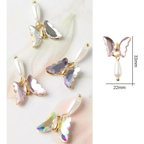 4pcs Shiny Butterfly 3D Rhinestones Nail Art Decorations Crystal Pearl Pendant Jewelry Nail Accessories Japanese Korean Manicure