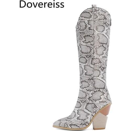 Dovereiss Fashion Womens Shoes Winter sexy Elegant red Pointed toe Snakeskin Wedges Back zipper Knee high boots Concise 34-48