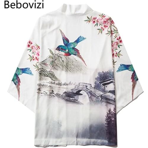 Bebovizi Fashion Style Swallow Print White Kimono Shirt Casual Women Cardigan Coat Japanese Harajuku Streetwear Tradition Top