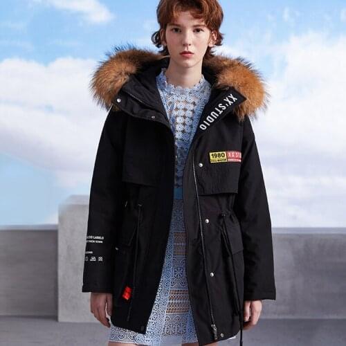 Real fur hooded 2019 Fashion winter jacket women down jackets womens Outdoor Down outerwear Mid-long down parka oversize letter