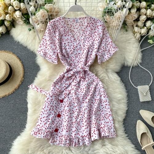 2021 New Women Fashion Short Sleeve V-Neck Polka Dot Print Bandage Dress Casual Summer Button Vestidos