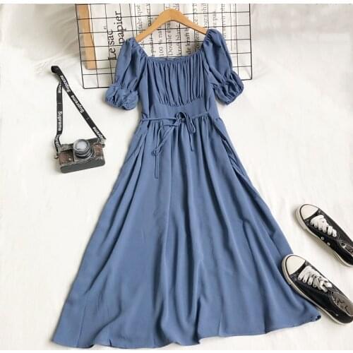 2021 Summer Women Puff Sleeve Square Collar Bandage Ruffles Chic Dress Lady Elastic Slim Waist Pullover Pleated Party Midi Dress