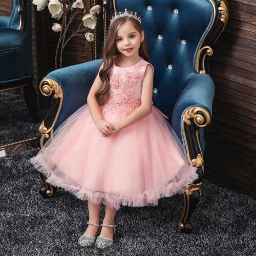 2021 New Childrens Dress Princess Dress Net Yarn Flower Puffy Dress Skirt Sleeveless Trailing Piano Performance Dress 3-12Y
