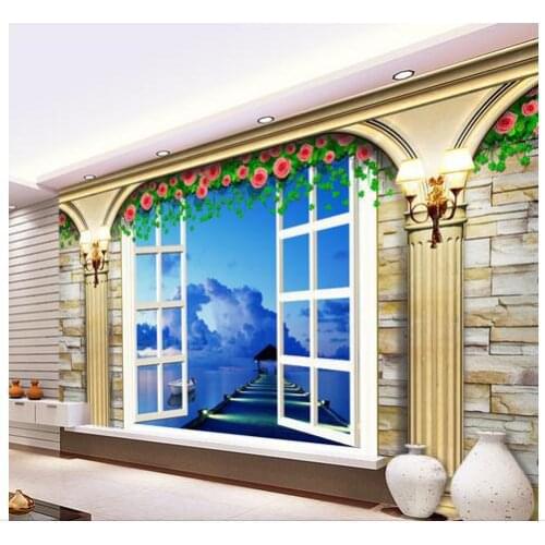 3d wallpaper 3d tv wall paper non-woven Roman column window of white water scene 3 d background wall wallpaper