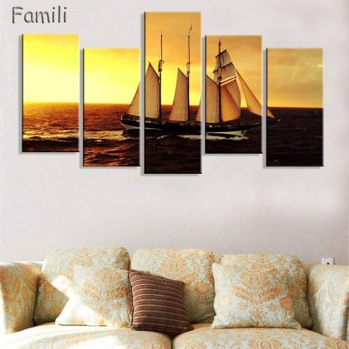 5Pieces Canvas Painting Sailboat Sunset Cuadros Decoration Wall Art Modular Pictures for Living Room Unframed,art print
