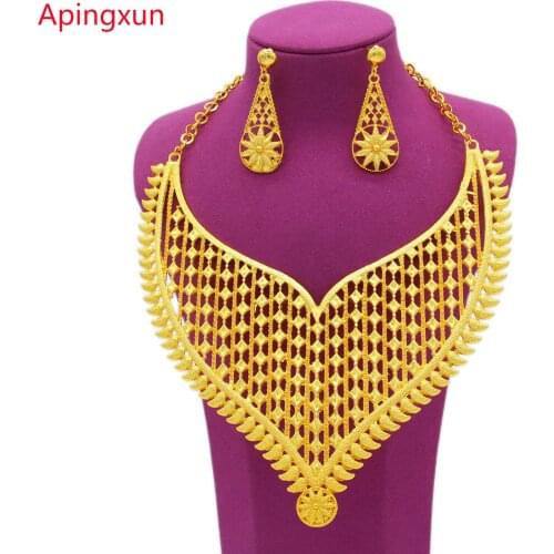 Apingxun 24K Gold Color New Jewelry Set Dubai African Bridal Wedding Ornament Women Necklace Earring Set Arab Wife Gift 1227-2